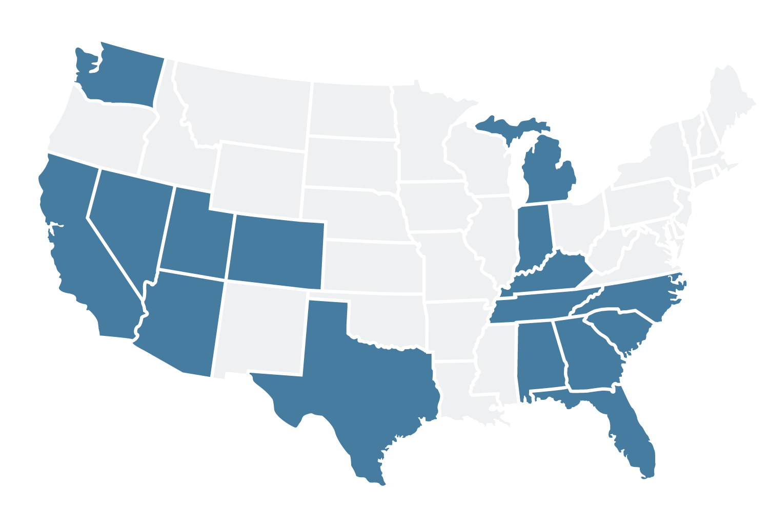 States in which Inspire Home Loans offers mortgage services: Alabama, Arizona, California, Colorado, Florida, Georgia, Indiana, Kentucky, Louisiana, Michigan, North Carolina, Nevada, Ohio, South Carolina, Tennessee, Texas, Utah, Washington